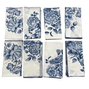 Eight square cotton cloth dinner napkins (8) blue & white formal toile style